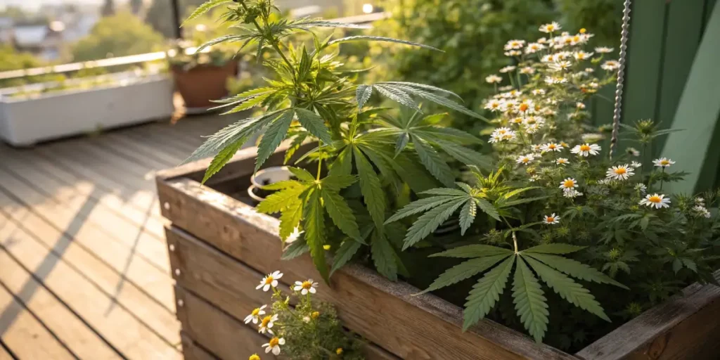 Close-up of a cannabis plant growing alongside chamomile flowers in a wooden planter on a sunny balcony.