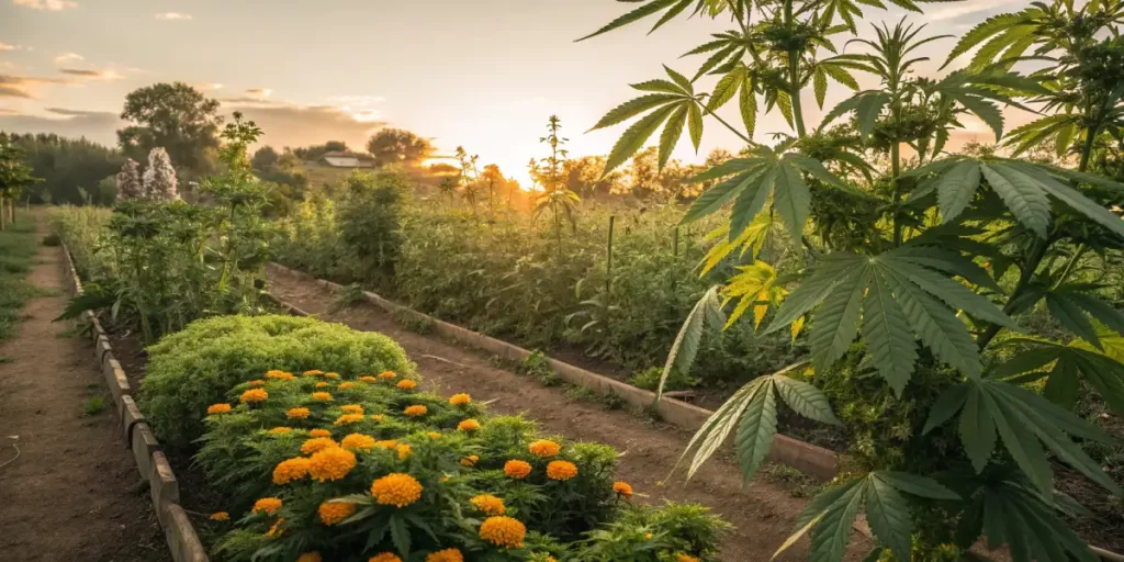 Vibrant cannabis plants growing in a diverse garden alongside marigolds at sunset.