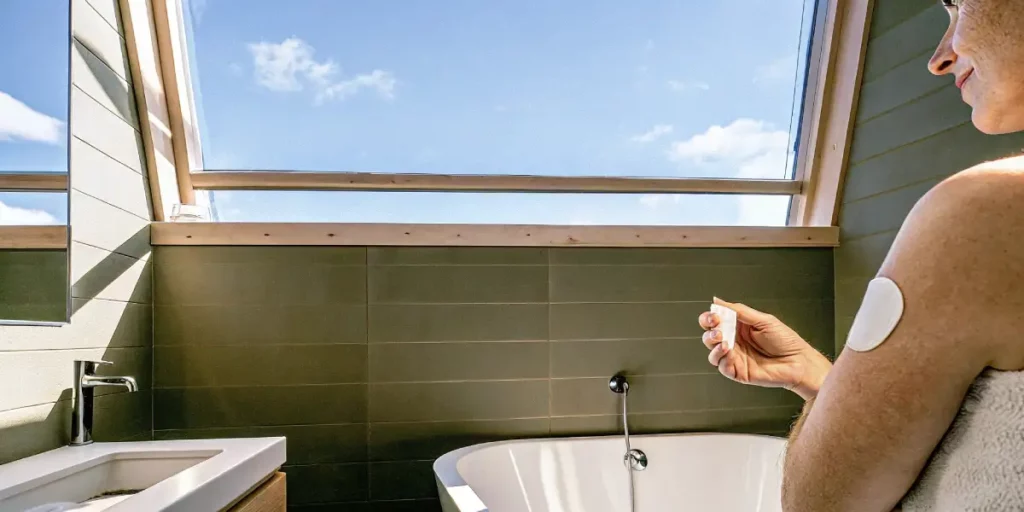 A woman in a towel applying a transdermal cannabis patch in a bathroom.