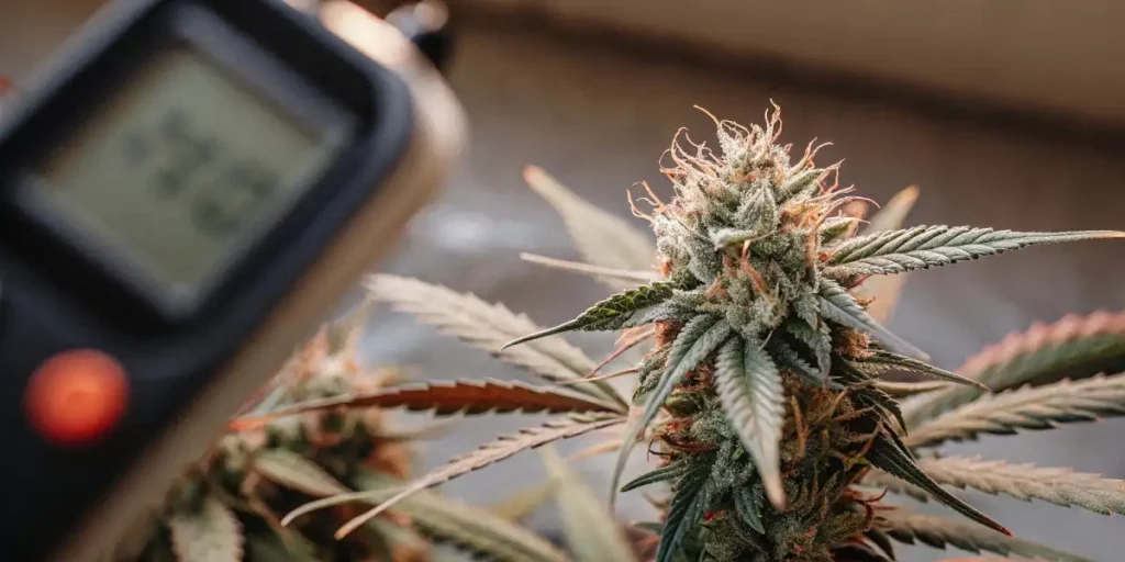 cannabis bud being measured with a digital THC meter