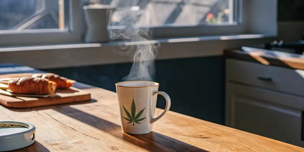 steaming cannabis coffee mug on wooden table beside croissants