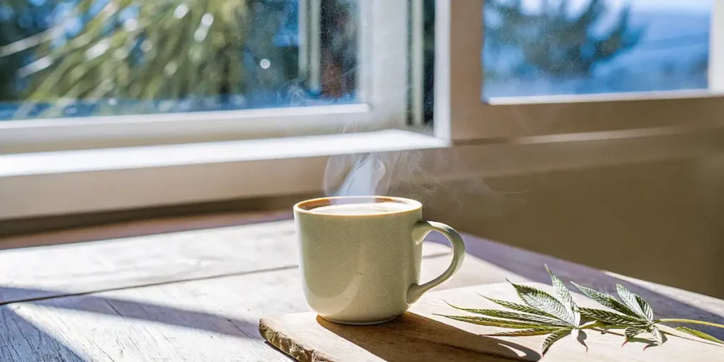steaming cup of cannabis coffee with marijuana leaves on table by window