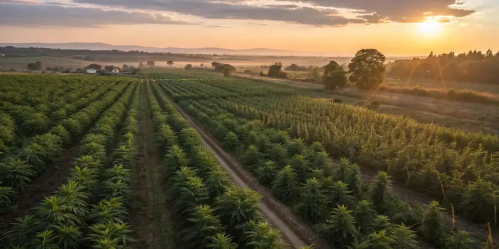 A wide cannabis field captured at dusk with rows of mature plants stretching into the horizon.