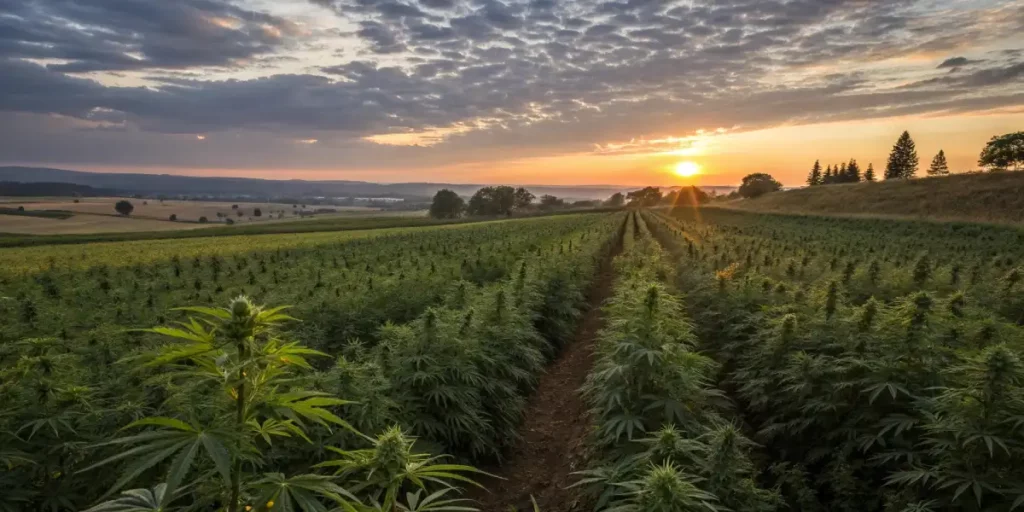 Wide-angle view of a sprawling cannabis field during sunset