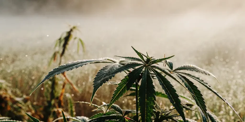 Cannabis leaf covered in morning dew in a foggy field