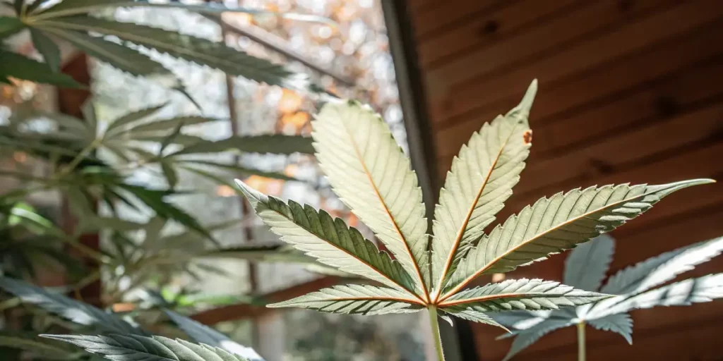 Cannabis leaf backlit by sunlight through a window