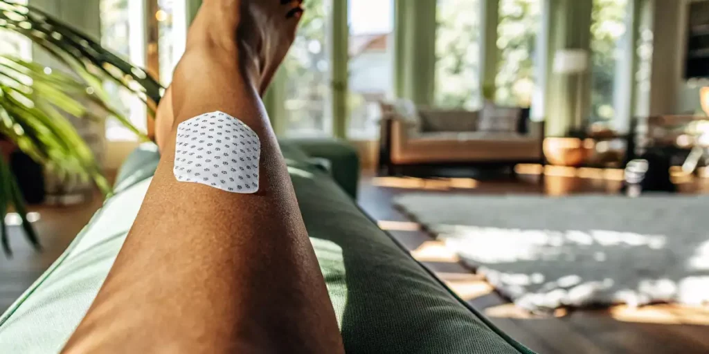 Close-up of a cannabis patch on a person's leg in a sunlit modern room.