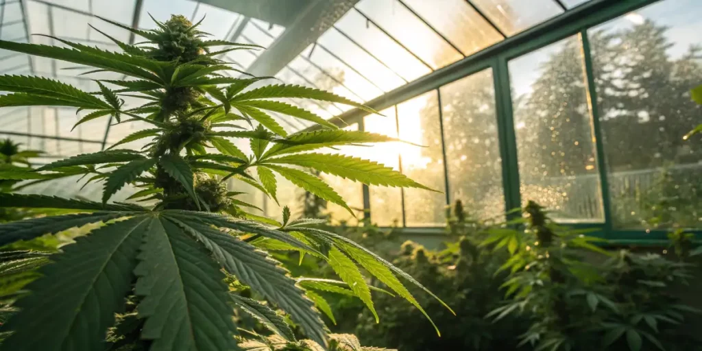 Cannabis plant growing in a greenhouse with sunlight streaming through the glass panels.