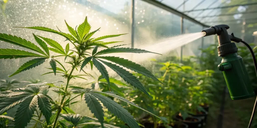 cannabis plant being gently sprayed in a greenhouse with sunlight filtering through the mist
