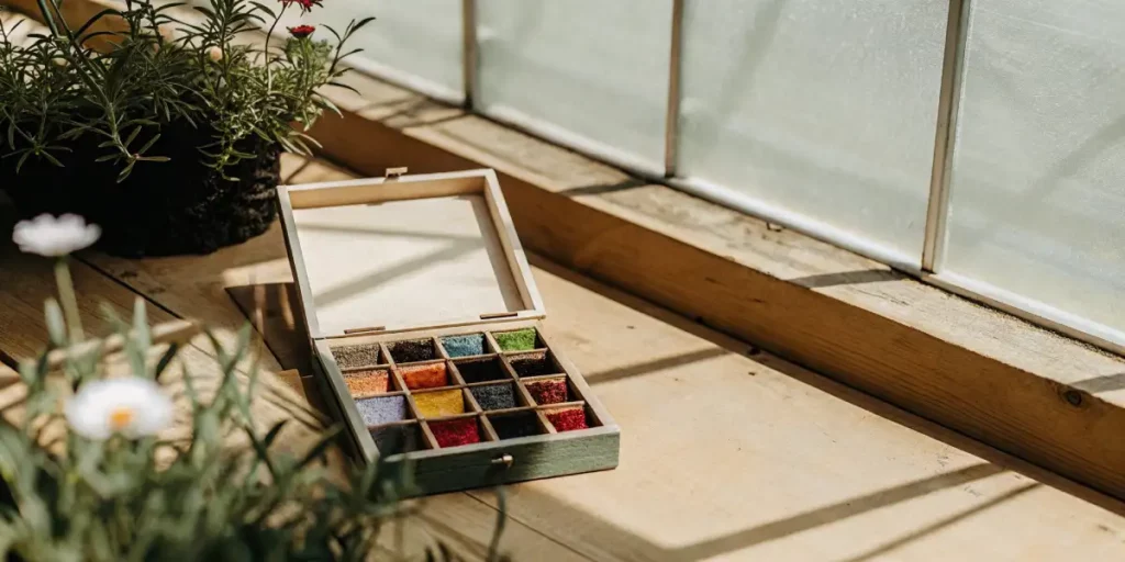 Open wooden box displaying colorful and healthy organic seeds in a greenhouse.