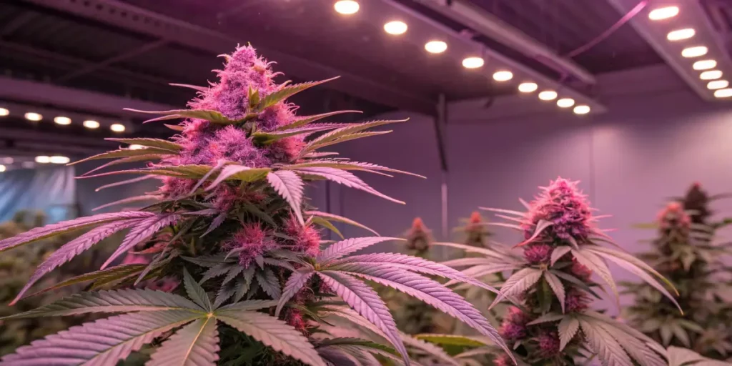 Modern indoor grow room with pink-tinted LED lights and uniform potted cannabis plants