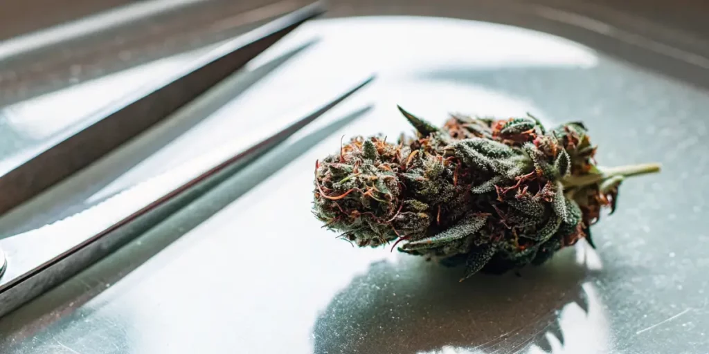 Close-up of a Kush Mintz cannabis bud on a reflective metal tray next to trimming scissors