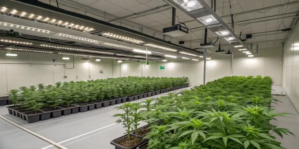 Spacious commercial indoor grow room with rows of potted cannabis plants under LED fixtures