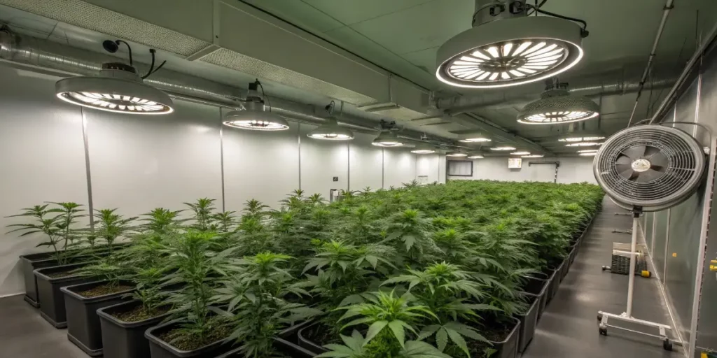 Dense canopy of cannabis plants under circular LED lights with wall-mounted fan