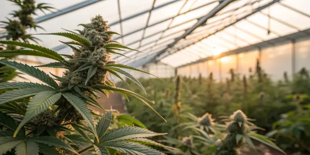 Close-up of dense cannabis buds growing inside a modern greenhouse