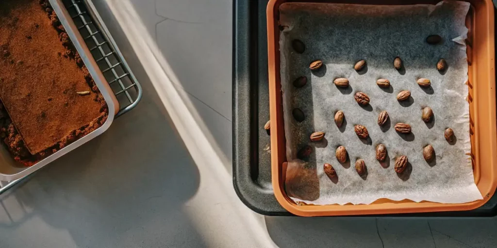 Overhead view of dry autoflower seeds arranged on parchment paper inside a planting tray