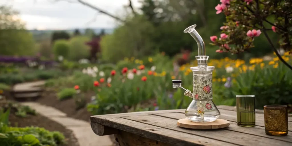 A floral-decorated glass banger rig sits on a rustic wooden table in a vibrant garden.