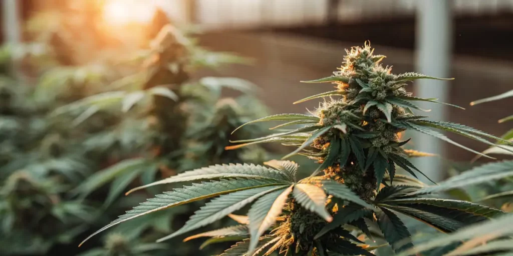Flowering cannabis plant in an indoor grow setup illuminated by sunset light.