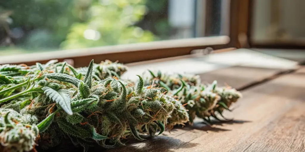 Close-up of freshly harvested cannabis buds drying on a wooden surface near a window with natural sunlight.