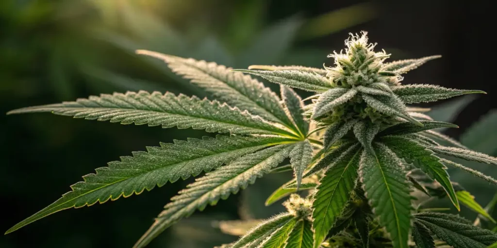 Side angle photograph of a cannabis plant with frosty trichomes coating the buds and leaves.