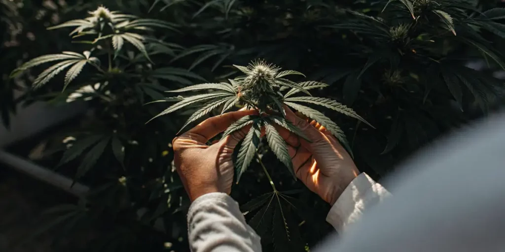 A gardener’s hands delicately trimming the buds of a cannabis plant in a well-lit grow room.
