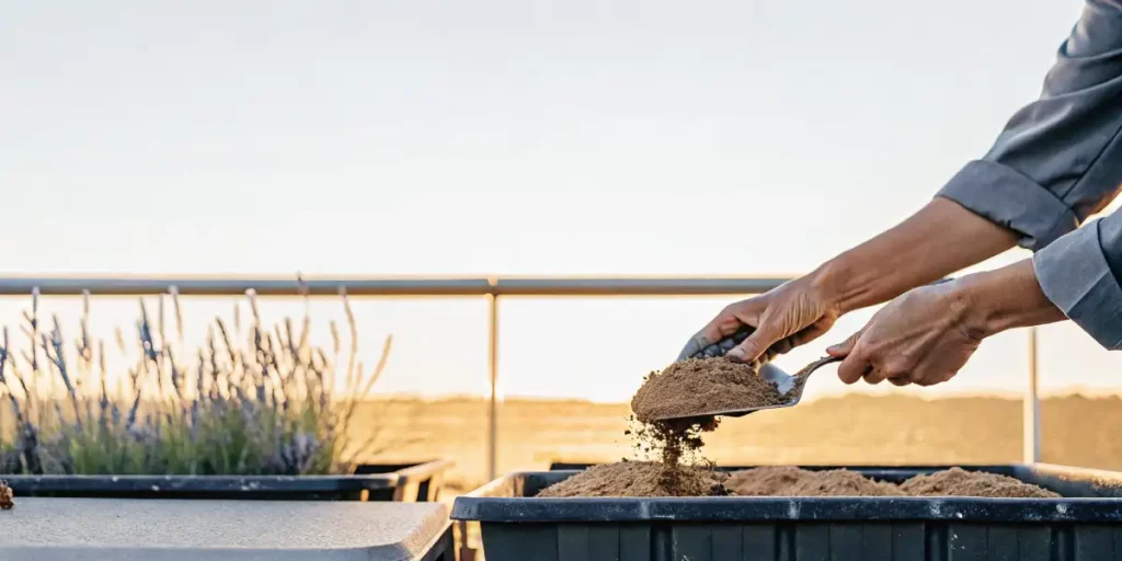 Gardener's hands mixing nutrient-rich soil in a black container during outdoor cannabis preparation.