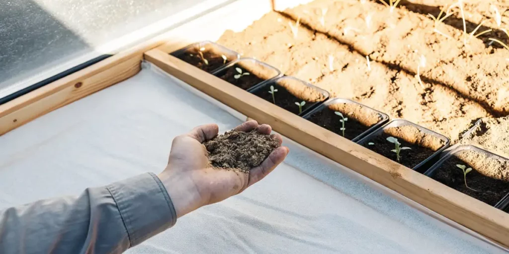 gardener holding a handful of soil while preparing a tray for cannabis seedlings