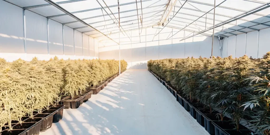 greenhouse packed with flowering cannabis plants in black containers