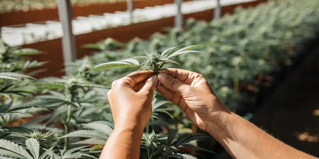 hands defoliating a young cannabis plant in an organized outdoor cultivation facility
