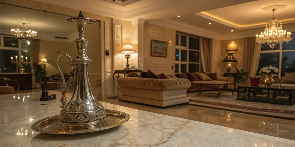 An ornate hookah-style banger rig on a marble counter in a luxurious, chandelier-lit room.