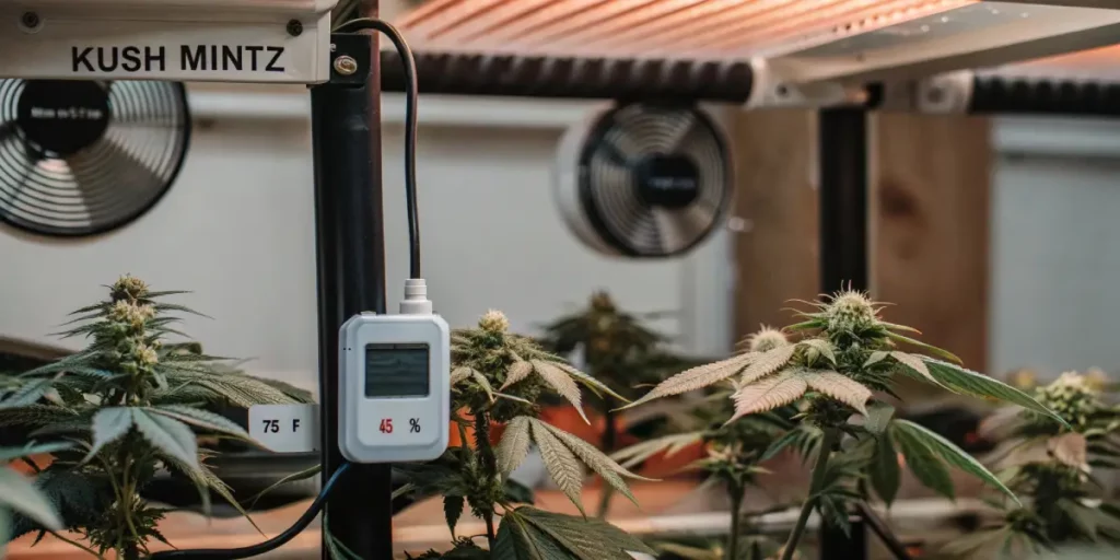 Modern indoor grow tent labeled Kush Mintz with LED lights, fans, and digital hygrometer
