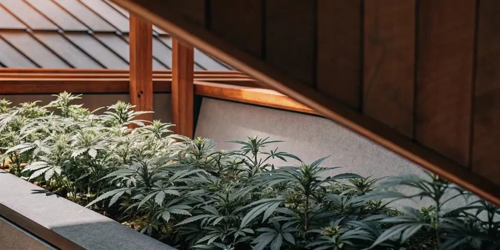 Indoor autoflower cannabis garden with plants growing in a wooden-framed structure.