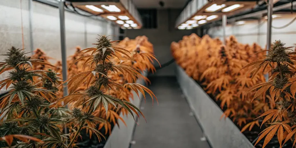 indoor cannabis grow room with rows of autoflowering plants showing orange leaves