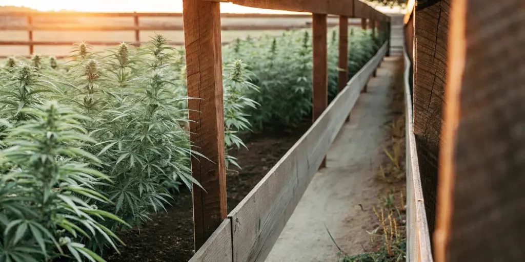 Rows of autoflower cannabis plants with orange-hued leaves growing under LED lights in an indoor setup.