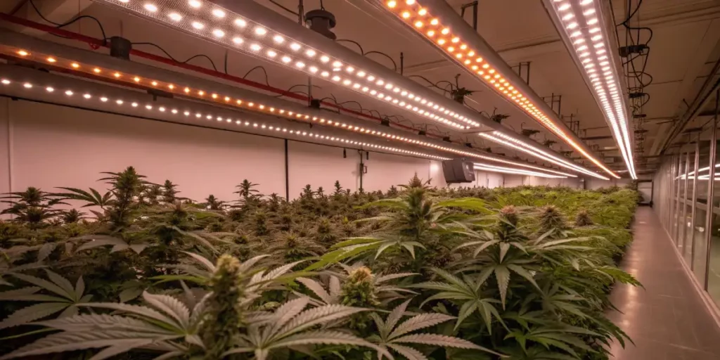 Wide-angle view of an indoor cannabis farm with full-spectrum LED lights