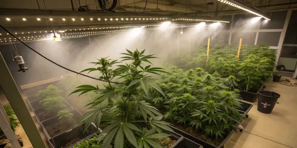 indoor cannabis grow room with misting system regulating humidity under grow lights