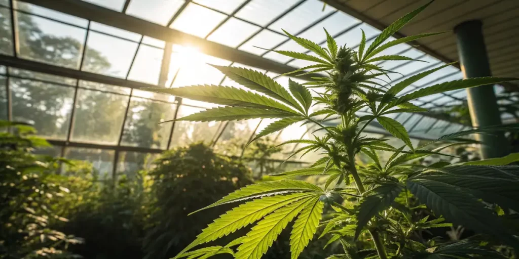 Close-up of a lush marijuana plant inside a sunlit greenhouse
