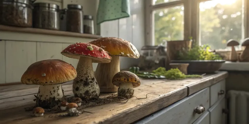 Close-up of various freshly picked magic mushrooms arranged on a vintage kitchen counter.