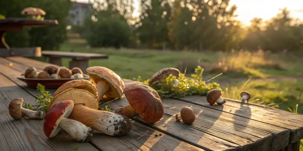 A collection of fresh magic mushrooms displayed on a rustic wooden table outdoors at sunset.