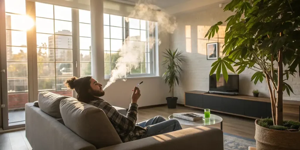 relaxed man vaping cannabis on a couch in a modern living room