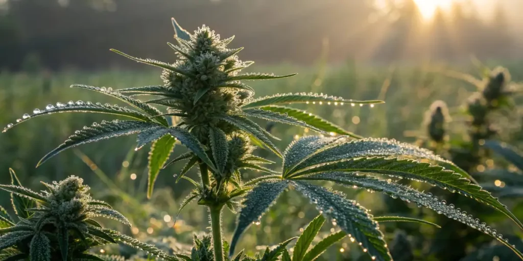 Close-up view of cannabis trichomes glistening under morning sunlight in an outdoor field.