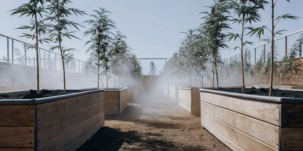 Cannabis plants in wooden planters being misted in a high-efficiency outdoor setup.