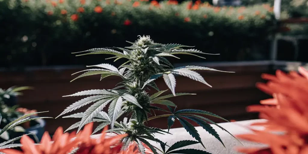 Low-angle view of a flowering autoflower cannabis plant framed between a person's legs outdoors on a sunny day.