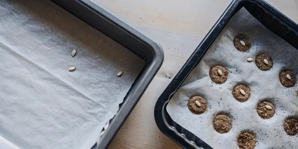 Autoflower seeds placed in pre-soaked peat pellets inside a black plastic tray on a wooden table
