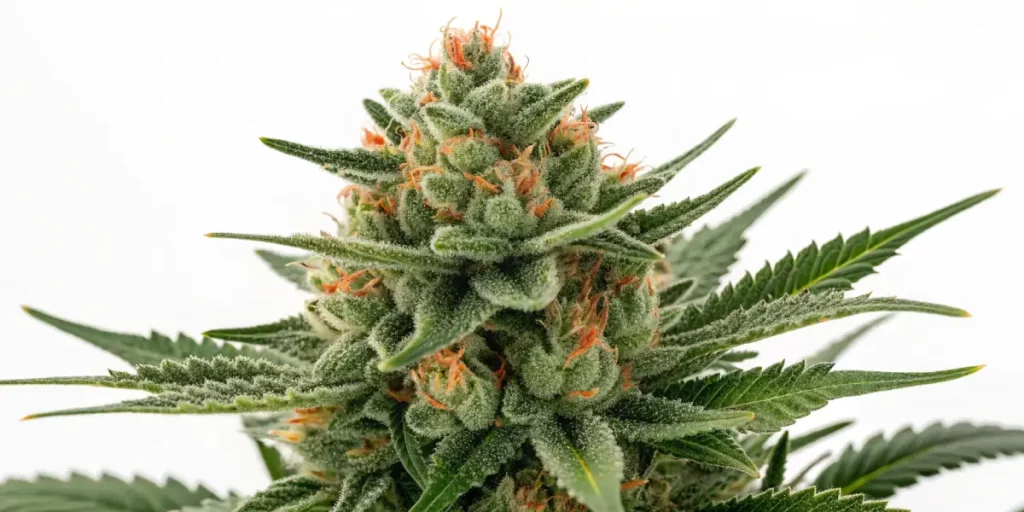 Extreme close-up of a frosted cannabis cola with bright orange pistils