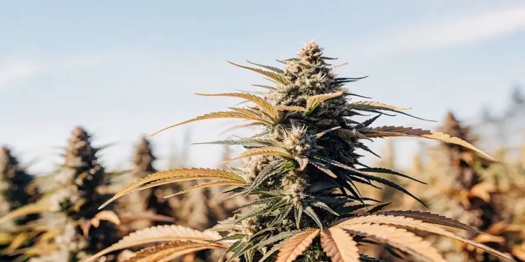 close-up view of a vibrant autoflower cannabis plant under sunlight