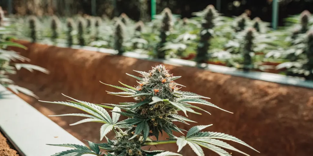 Sunlit outdoor cannabis field with rows of mature plants and a prominent bud in foreground