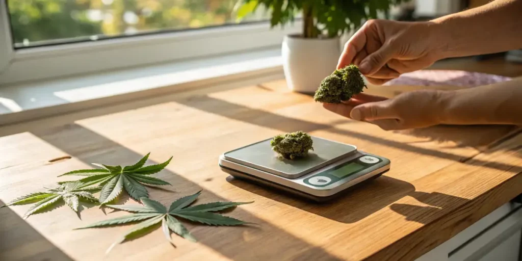 hands weighing cannabis buds on a digital scale beside cannabis leaves