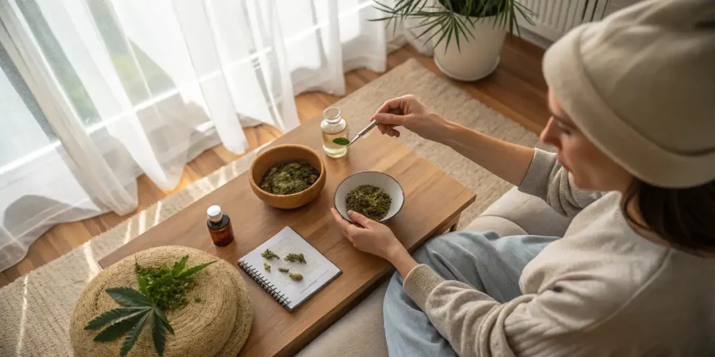 woman preparing cannabis recipe with bowls and notebook on table