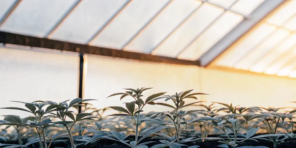 Young cannabis seedlings with dark green leaves under greenhouse lighting in early growth stage.